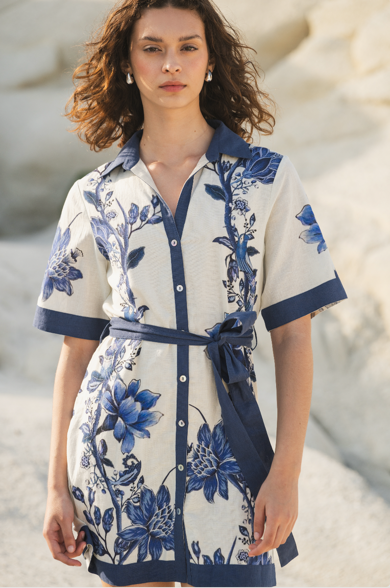 leah mini dress Calling June Leah Mini Dress in Botanical Blue Print | Cotton Linen