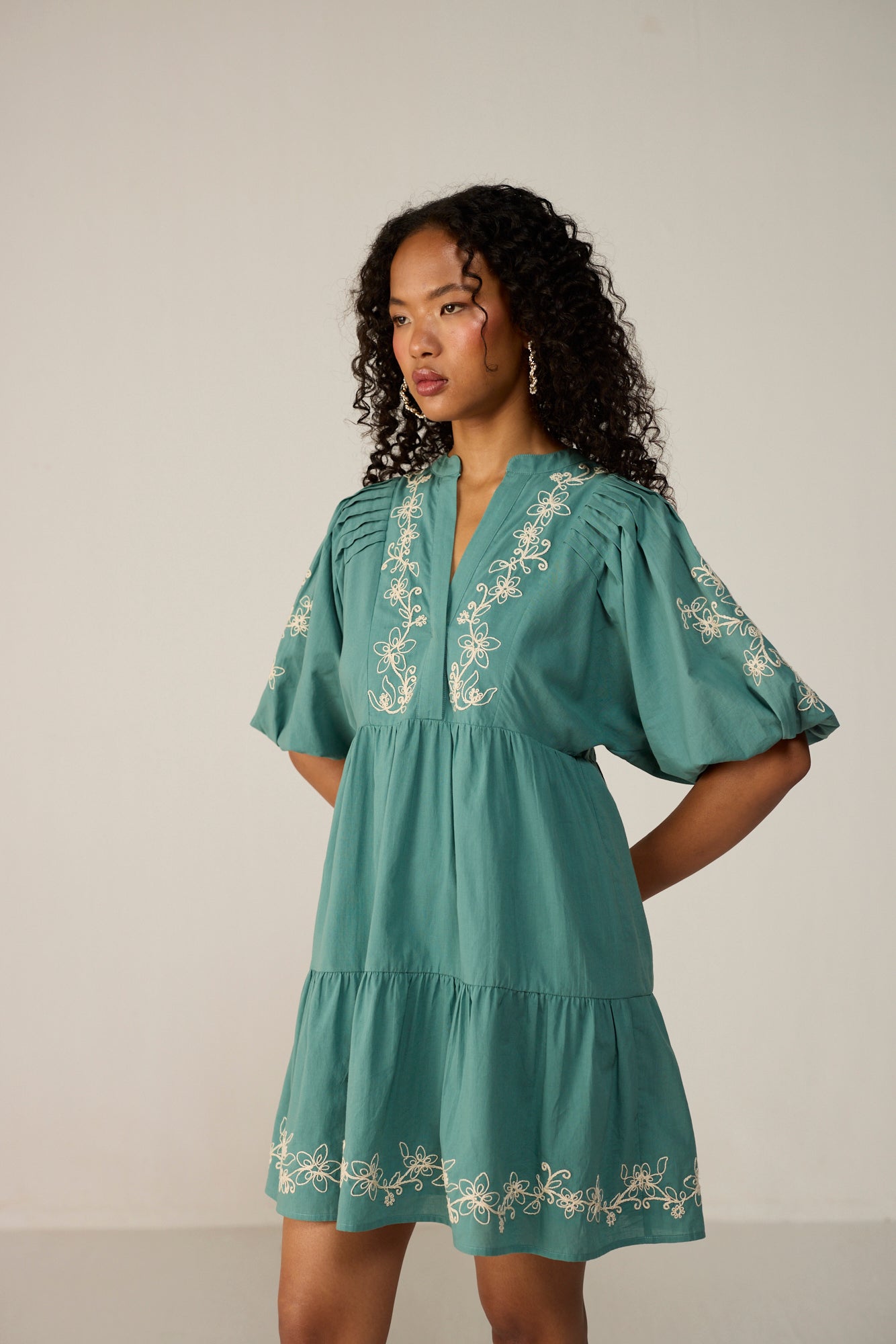 Dove Mini Dress | Teal Embroidered Cotton Mini Dress | Calling June