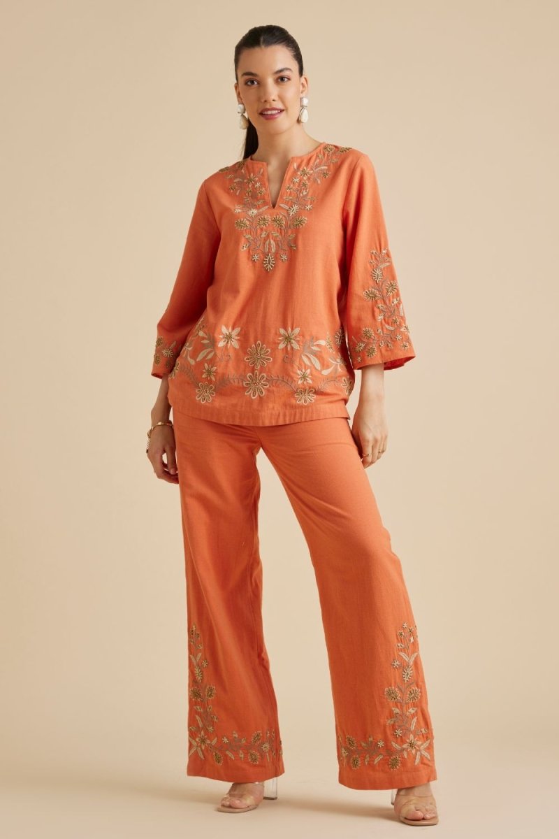 Yarrow Orange Hand Embroidered Kaftan Co-Ord Set - Calling June India