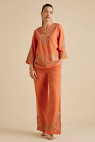 Yarrow Orange Hand Embroidered Kaftan Co-Ord Set - Calling June India