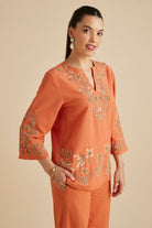 Yarrow Orange Hand Embroidered Kaftan Co-Ord Set - Calling June India