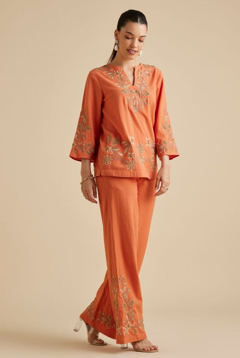 Yarrow Orange Hand Embroidered Kaftan Co-Ord Set - Calling June India