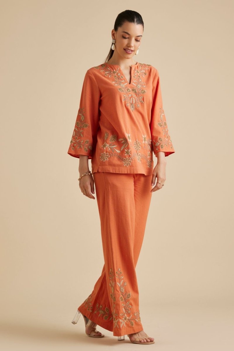 Yarrow Orange Hand Embroidered Kaftan Co-Ord Set - Calling June India