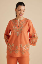 Yarrow Orange Hand Embroidered Kaftan Co-Ord Set - Calling June India