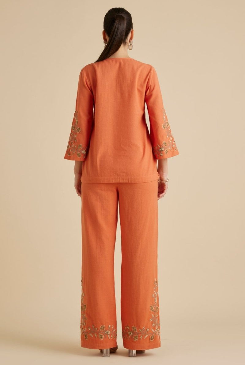 Yarrow Orange Hand Embroidered Kaftan Co-Ord Set - Calling June India