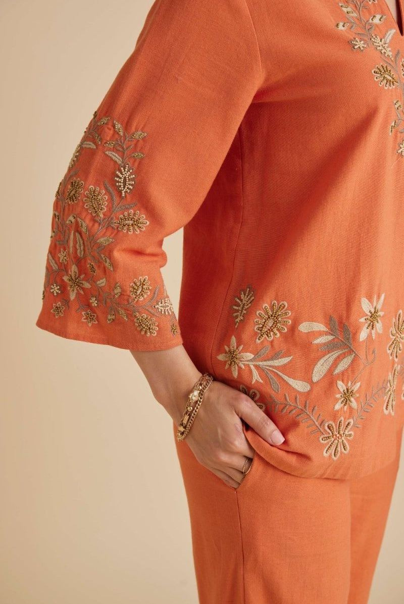 Yarrow Orange Hand Embroidered Kaftan Style Top - Calling June India